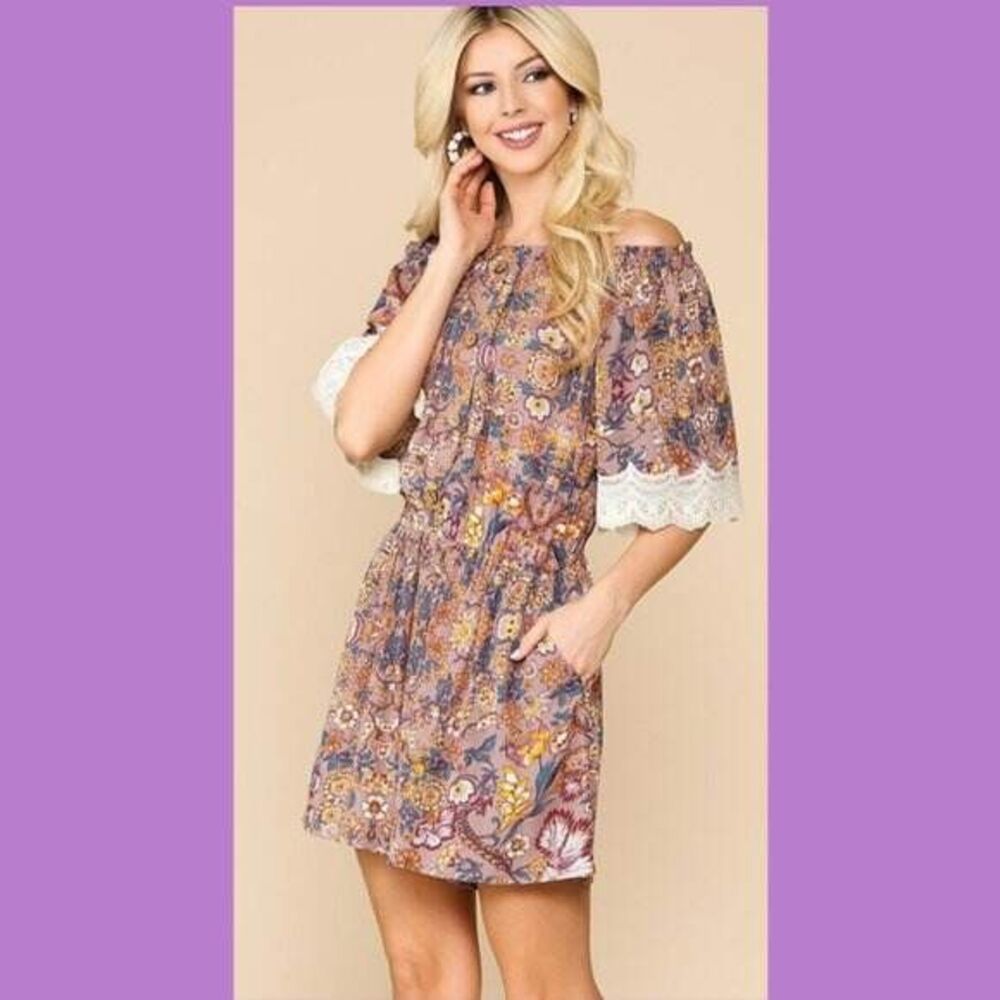 New GIGIO M 8 10 Pull-on Rayon Gauze Floral Lavender Crochet Sleeve Romper - Picture 5 of 7